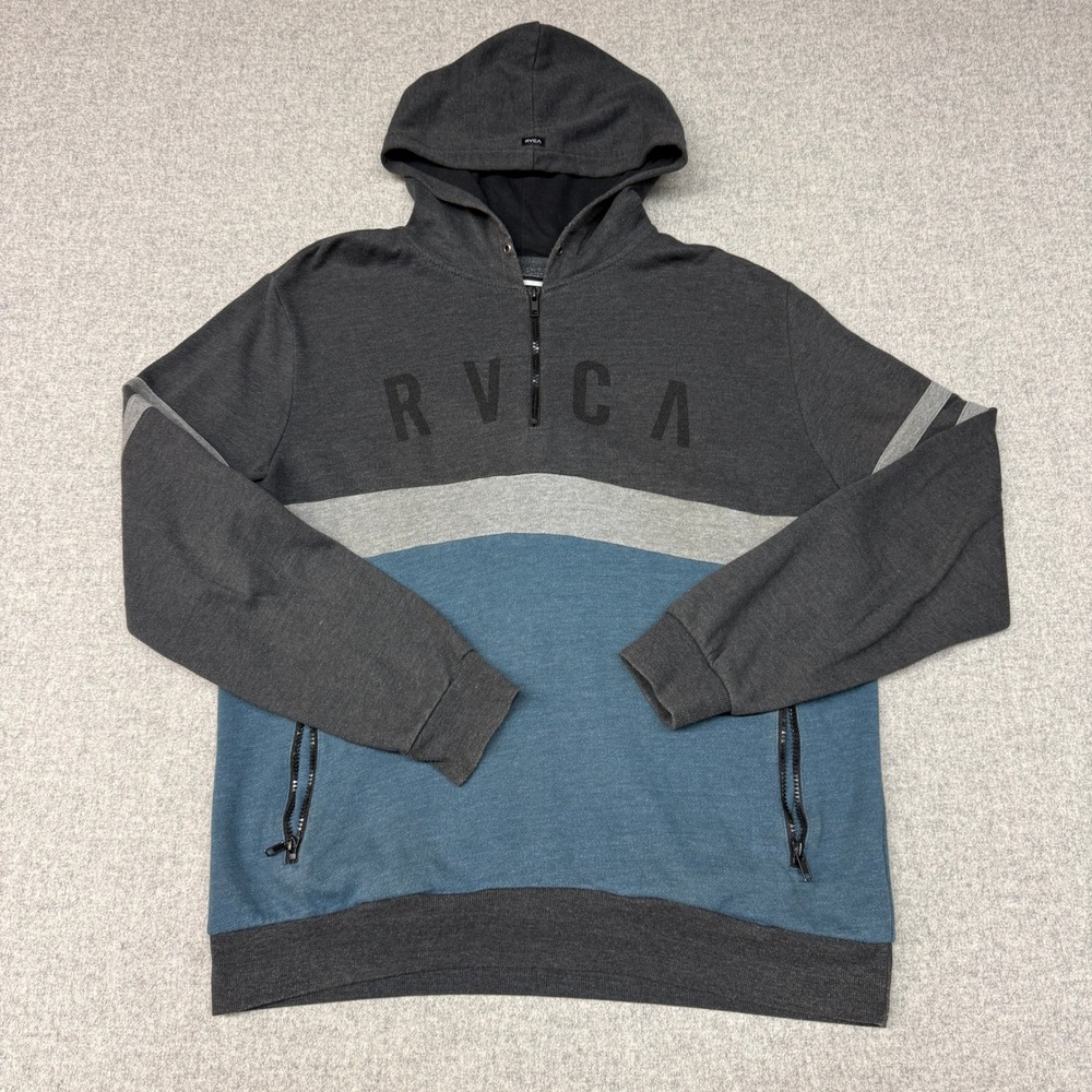 RVCA Hoodie Sweatshirt Large Grey Blue Colorblock Quarter Zip Zipper Pockets L